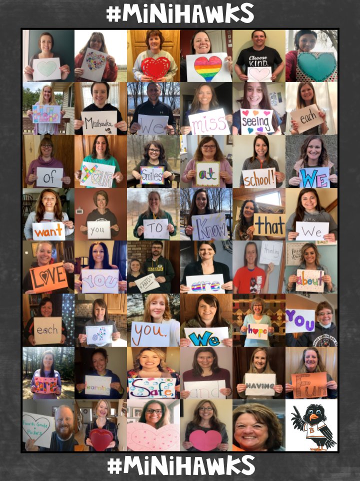 bloomersd's tweet photo. The staff from Bloomer Elementary School want to let you know that we miss you and we cannot wait to see our BES family again! We have a special message to show you that we are thinking about each of you :) Be safe and be well! #minihawks #saferathome https://t.co/fNI9uzHMqd