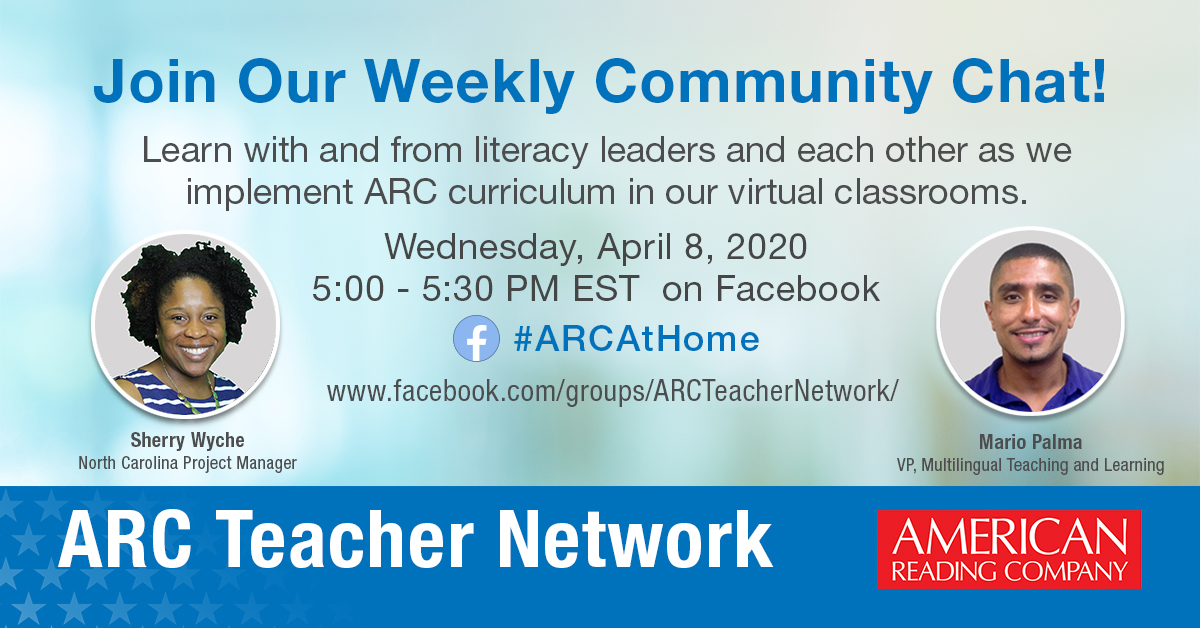 AmericanReading's tweet photo. Looking for tips to implement #ARCAtHome?
Join our Facebook community of teachers for lively discussion & resource sharing.
@mariopalma4 & @SherryARC kick us off with an in-depth look at ARC virtual supports for Ts, Ss & families.
https://t.co/axyyxBKflQ
#athomelearning https://t.co/11Uyfco0yr