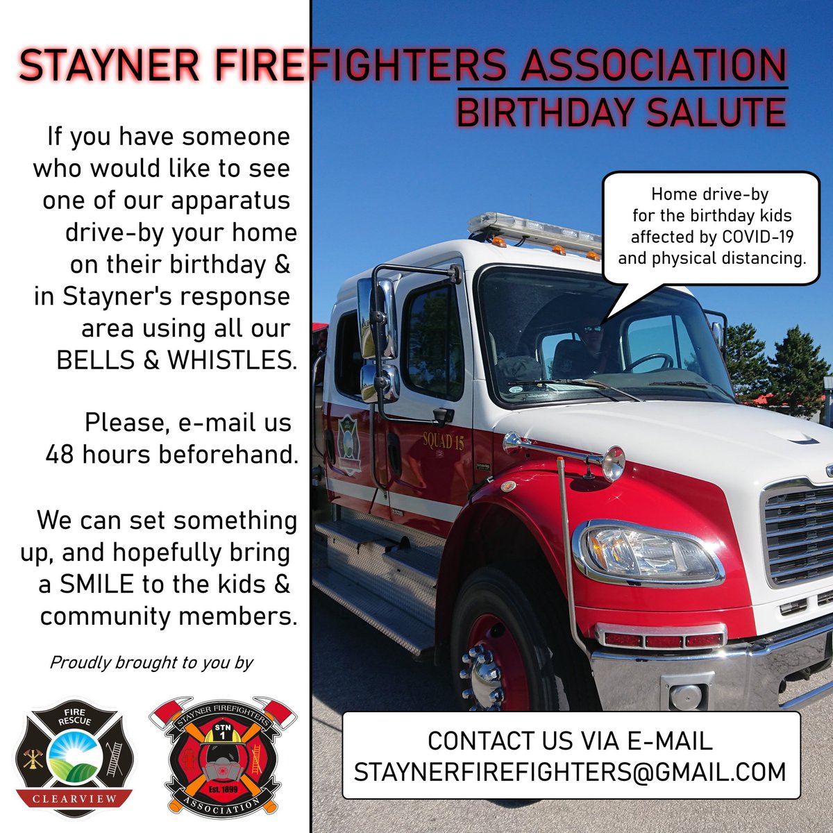 staynerffa's tweet image. Please feel free to contact us if you have a kid in Stayner's response area, and might enjoy a birthday salute from @staynerffa and @ClearviewFire