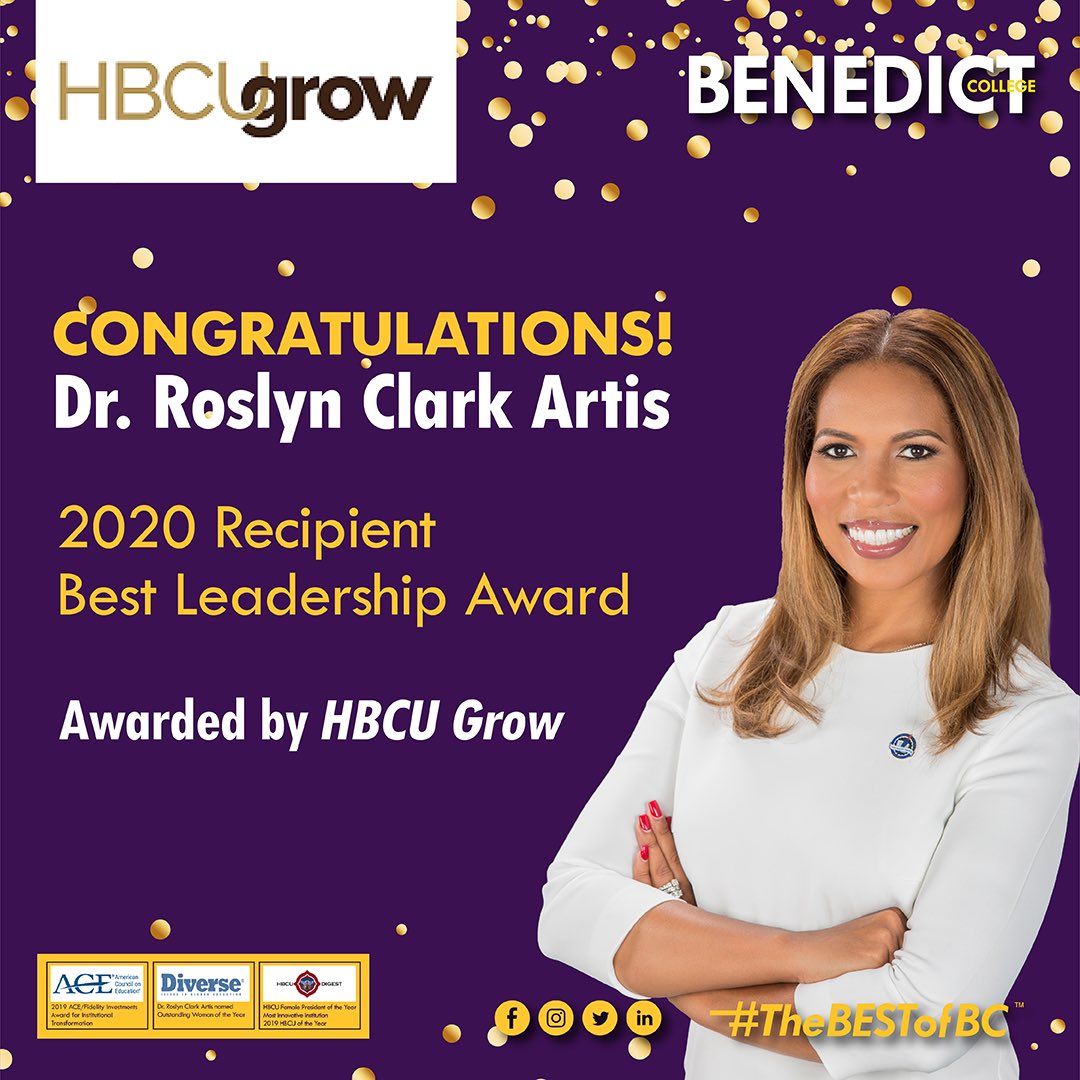 BenedictEDU's tweet photo. CONGRATULATIONS Dr. Roslyn Clark Artis!!!!! 2020 Recipient of the Best Leadership Award | Awarded by HBCU Grow. You ARE #TheBESTofBC #HBCUGrow @ArtisRoslyn https://t.co/vbHaXjXpUV