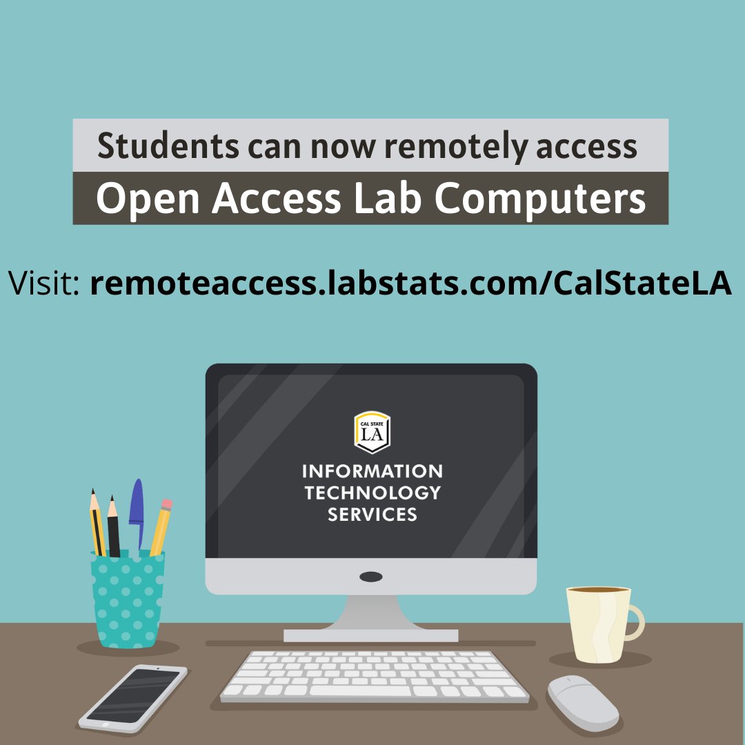 MyCalStateLA's tweet photo. Great news! Access PC computers in Annex and ECST links REMOTELY: https://t.co/oz9x5bjE81. For instructions, visit https://t.co/9C4VESRiGG and select "Computer Lab Software" under the "Software" section. #CalStateLA #MyCalStateLA #ITS #OpenAccessLab #24x7Lab https://t.co/rrpWzL3WlE