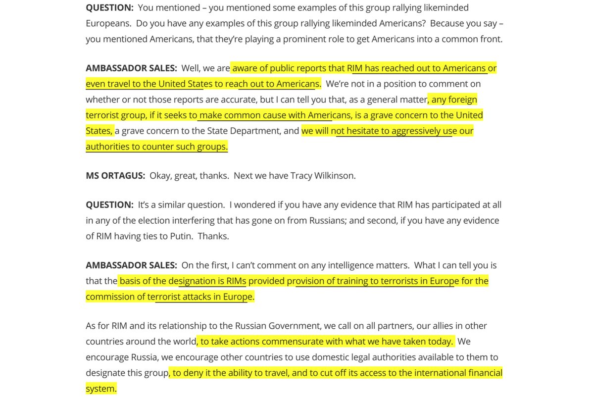 The relevant sections of yesterday’s briefing - I found this extremely interesting - the fact that RIM members have traveled & liaised with Americans (cough the base) and trained paramilitary groups in Europe...  https://www.state.gov/briefing-with-coordinator-for-counterterrorism-ambassador-nathan-a-sales-on-the-united-states-designation-of-the-russian-imperial-movement-and-its-leaders-as-global-terrorists/