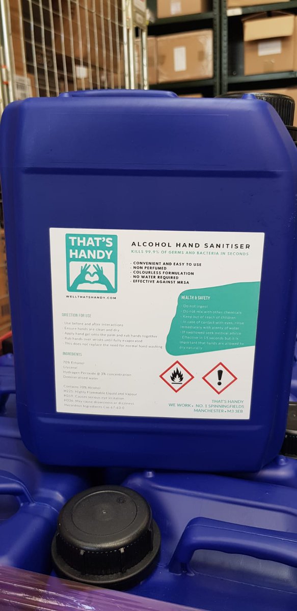 GMProcure's tweet photo. It's arrived via @DidsburyGin - not gin of course but 1450 x 5 Litre tubs of alcohol hand sanitiser. This has been delivered to majority of GM Hospitals today. 

A massive thank you to Liam, Mark, Dan and the rest of the team. #COVID19 #StayHome https://t.co/hTWwz2lJEd