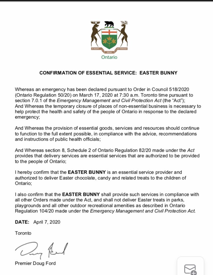 Premier Ford issues official declaration proclaiming the Easter Bunny an essential service.