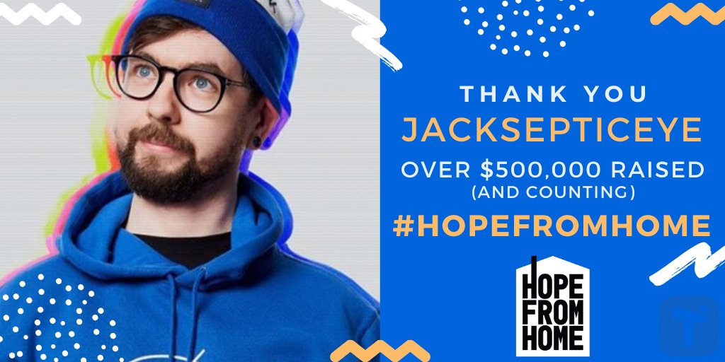 So many congratulations to @Jack_Septic_Eye for SMASHING past his $500,000 goal in such record breaking time! 

He's still going! Aiming for $600,000! tiltify.com/@jacksepticeye…