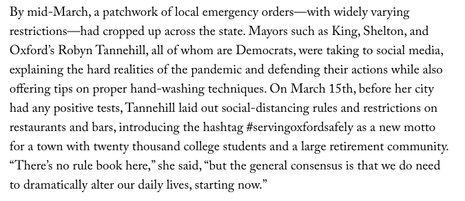1. Let's talk some more about this  @NewYorker piece today and its clear, um, inspiration. (My problem is decidedly not with its "elitist" readers in good-ole-boy speak.) First, part about mayors and their "patchwork" orders;  @NewYorker on left;  @msfreepress on right:  https://twitter.com/NewYorker/status/1247500641561346050