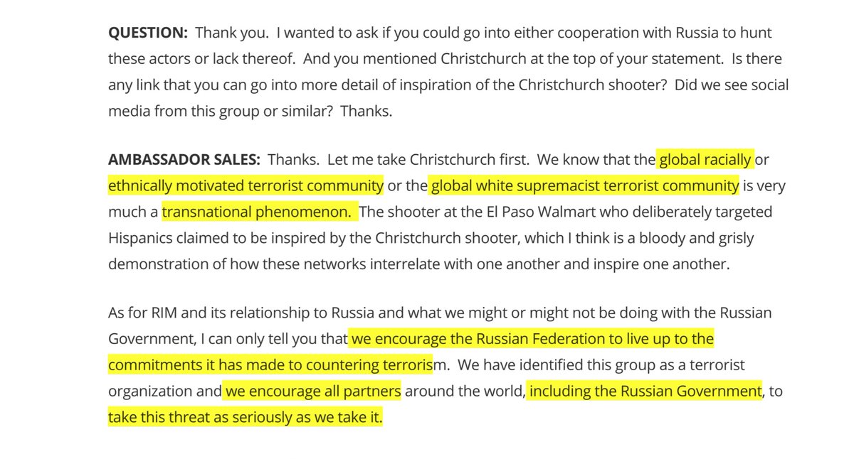 There was another interesting exchange in yesterday’s briefing. I think most of us, particularly those who’ve researched the “transnational phenomena” isn’t surprising but for State to be so unequivocal & direct with expectations - it’s refreshing  https://www.state.gov/briefing-with-coordinator-for-counterterrorism-ambassador-nathan-a-sales-on-the-united-states-designation-of-the-russian-imperial-movement-and-its-leaders-as-global-terrorists/