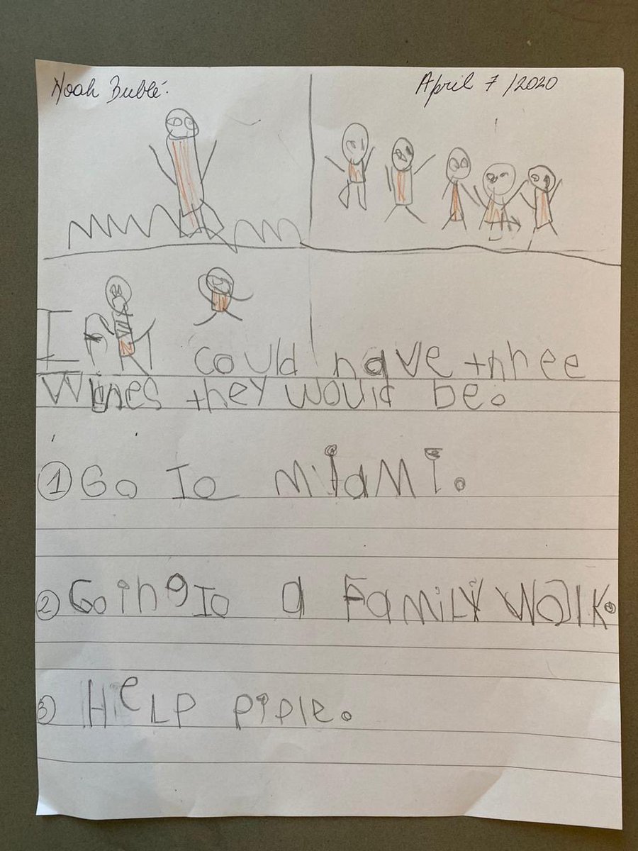 MichaelBuble's tweet image. My son Noah’s homeschool assignment today. What would your 3 wishes be?