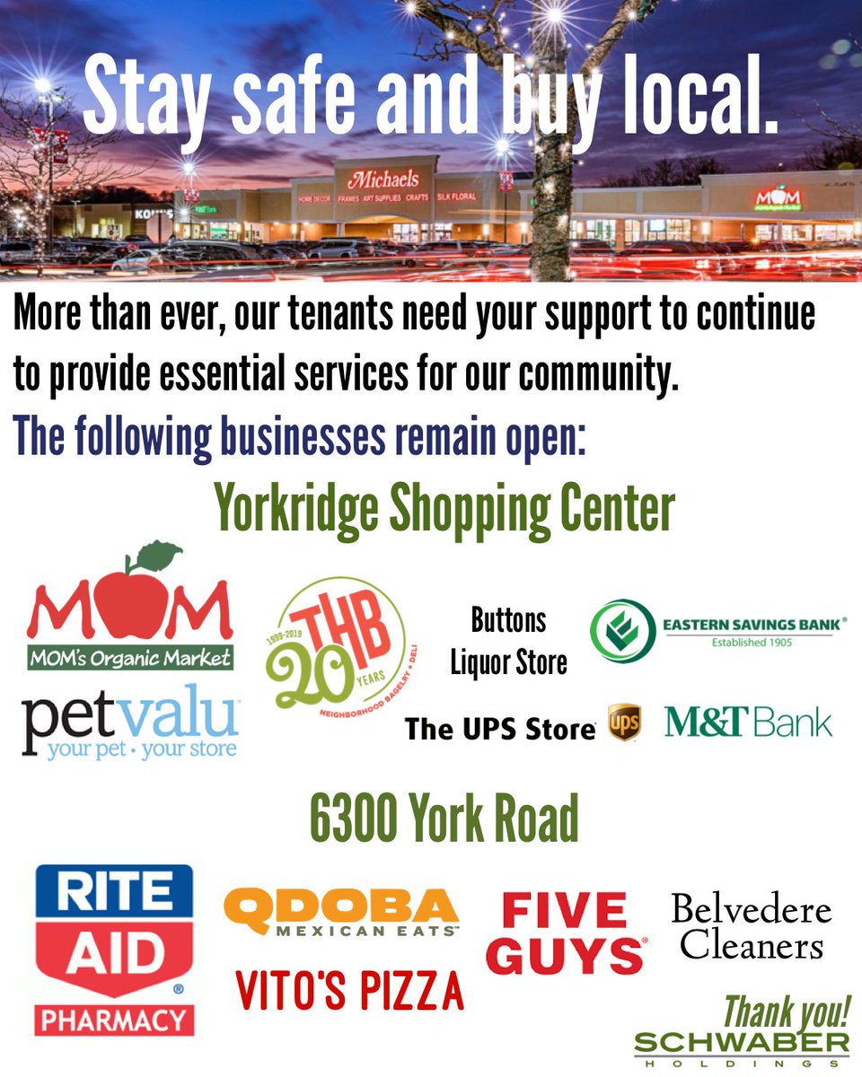 SchwaberH's tweet photo. Stay safe and buy local. More than ever, our tenants need your support to continue providing essential services for our community. https://t.co/7ZUmj7B6d2