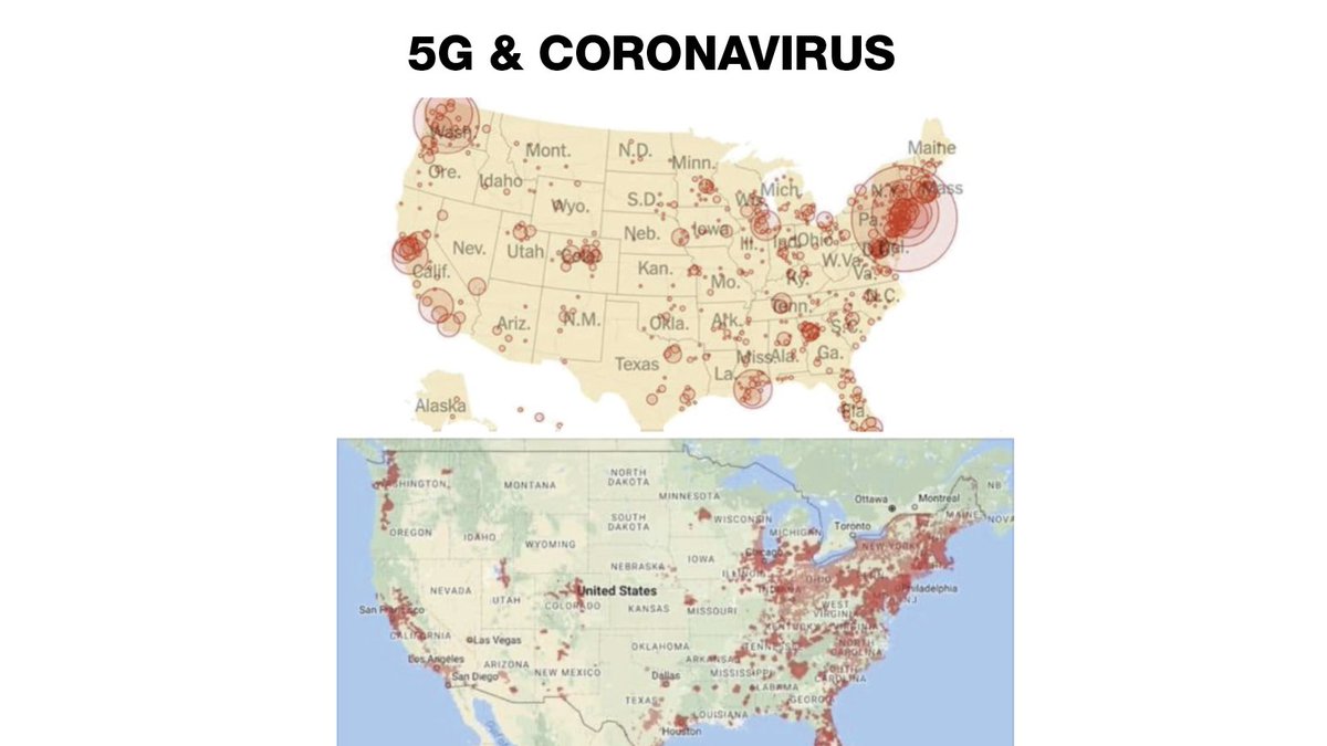 De esa unión nacen imágenes virales como ésta: en el mapa superior el volumen de casos de coronavirus en Estados Unidos. En el inferior, el desarrollo de la red 5G en ese país. ¿Está claro no? Donde hay redes 5G hay más casos de la enfermedad. ¡Existe una relación!9/