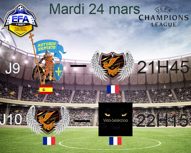 Derniers match de #LDC sur <a href="/france_efa/">EFA FRANCE</a>
 ce soir :

à 21h45 contre la <a href="/asturesfc/">Astures eSports</a>

à 22h15 contre la @LSelekzioa

Buena Suerte / Bonne chance a vous !