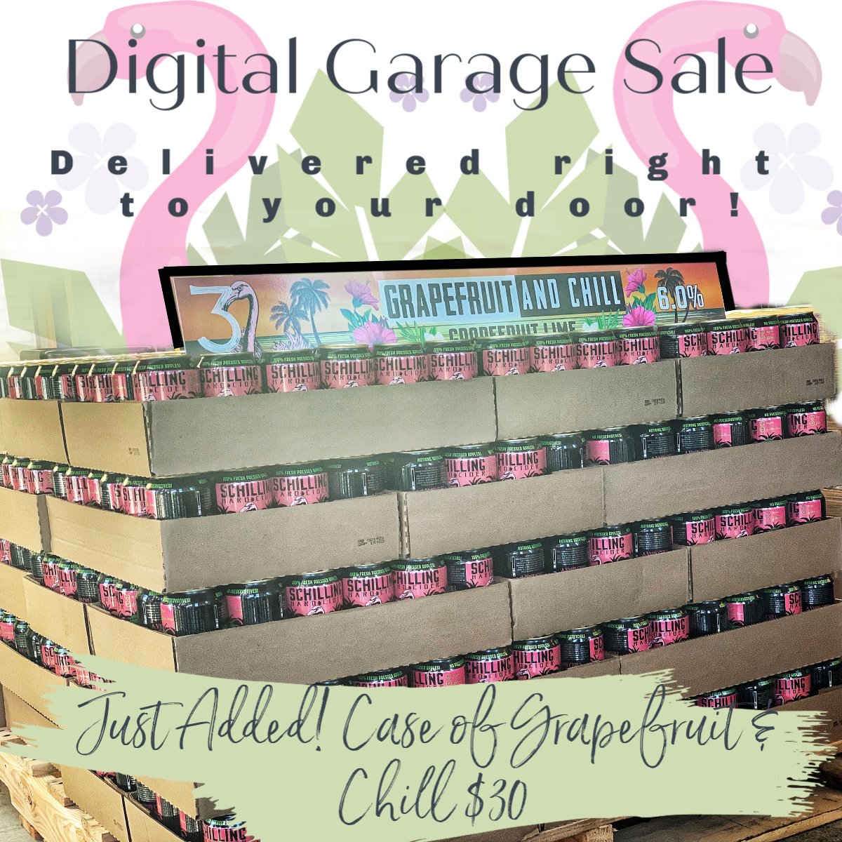 SchillingPDX's tweet photo. New Items added to our digital garage sale! Cases (24 cans) of Schilling Cider Grapefruit and Chill only $30.  Head over to our website to score your cases before they are gone. Delivery and no contact pickup available!
https://t.co/pGL9S0OFwn https://t.co/MnJsh4Q1NH