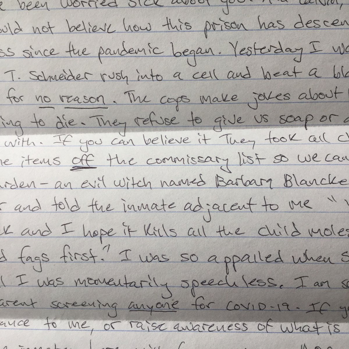 My penpal, Grace, a trans woman in a men's federal prison in AZ who has experienced terrible violence asked me to share some of her recent experiences related to  #COVID19 and imprisonment: "The cops make jokes about how we are all going to die. They refuse to give us soap"