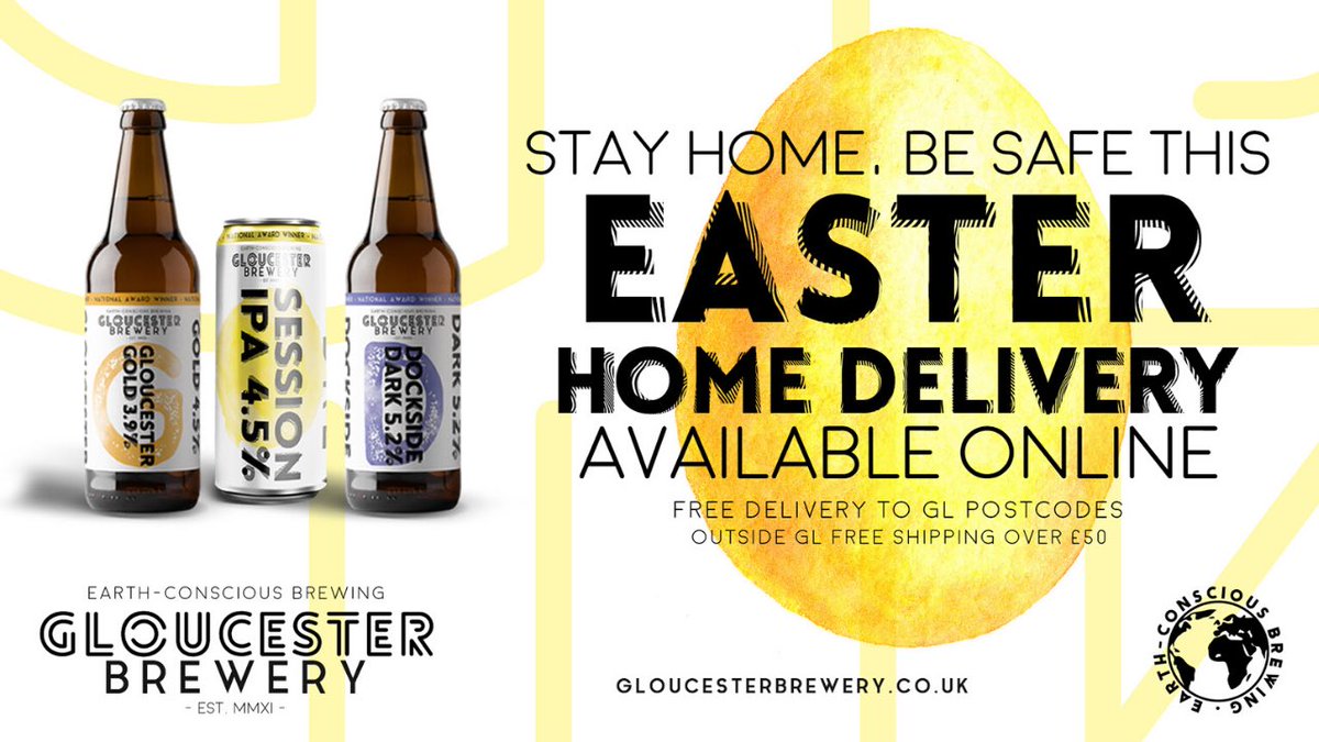 GBrewery's tweet photo. You don’t have to leave the house this #Easter to get a great #beer, please stay home, be safe and let us come to you - we do free delivery to all #GL postcodes, to order visit https://t.co/0r1XXOvPgr #StayHomeSaveLives #glosbiz #Gloucester https://t.co/wbaeFPSE8b