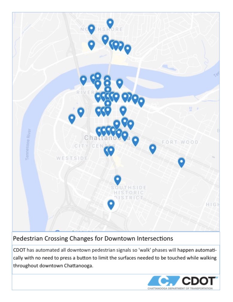 Chattanooga_gov's tweet photo. @ChattanoogaDOT has automated all downtown pedestrian signals so 'walk' phases will happen automatically with no need to press a button to limit the surfaces needed to be touched while walking throughout downtown #Chattanooga. See the map below for the modified intersections. https://t.co/DcnpKZOqjh