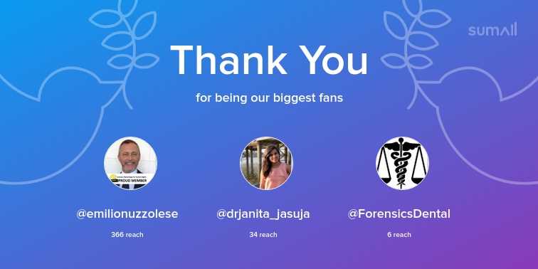 Our biggest fans this week: emilionuzzolese, drjanita_jasuja, ForensicsDental. Thank you! via sumall.com/thankyou?utm_s…