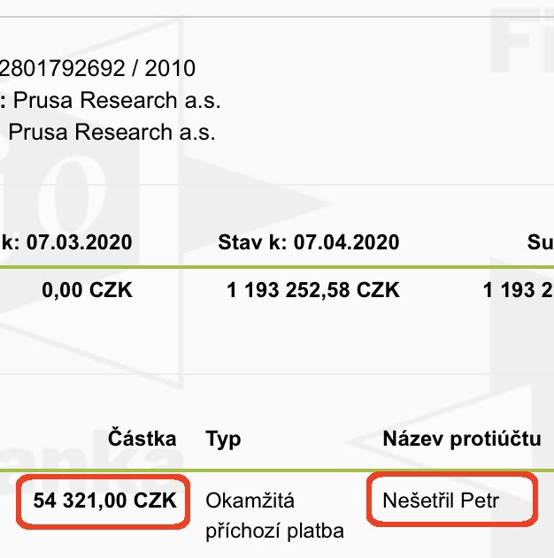 petrfrys's tweet photo. Nomen omen! Transparentní účet @Prusa3D na materiál pro výrobu ochranných štítů #covid #funding https://t.co/5XhCxEGC3n