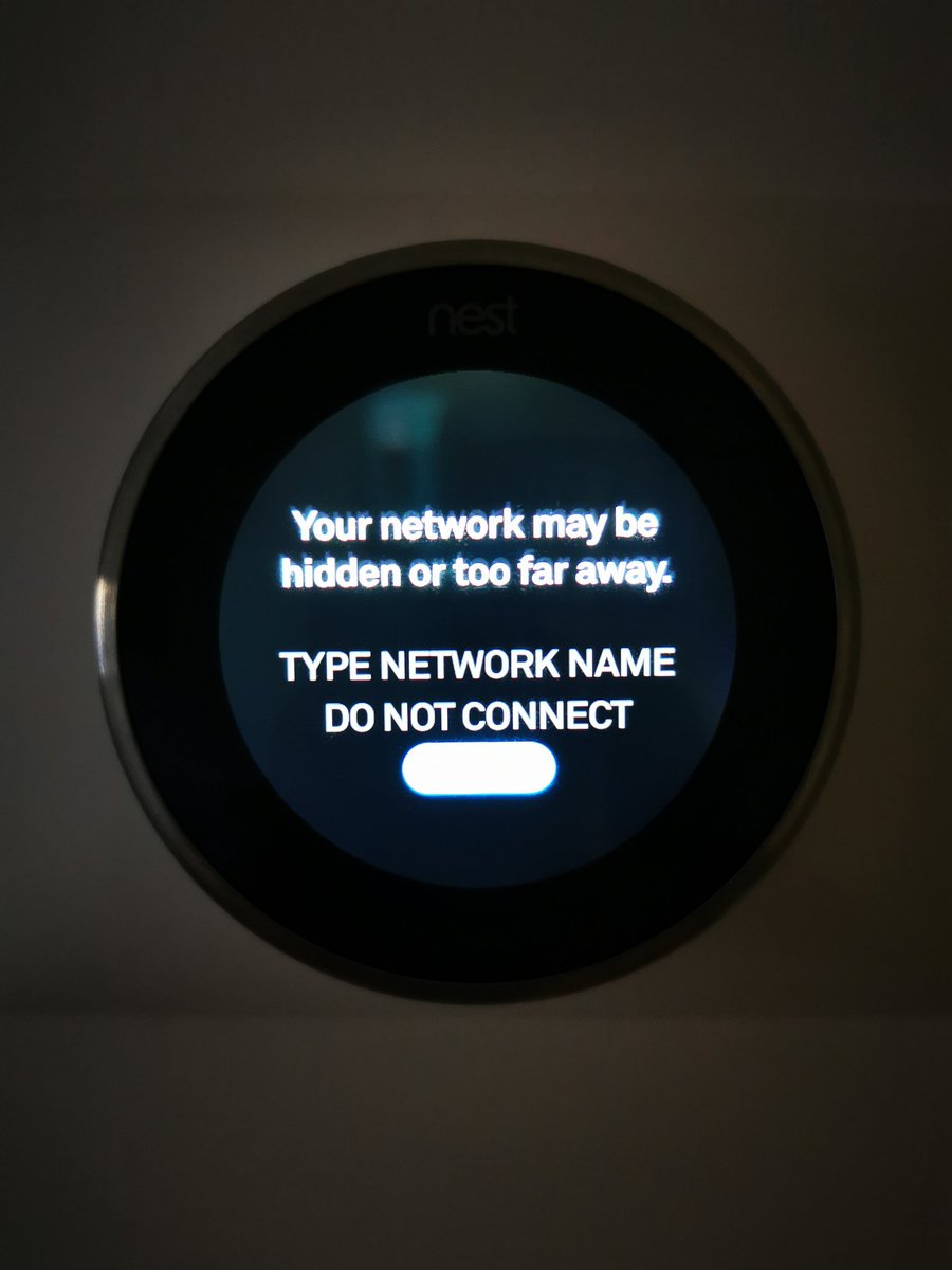 philarmer's tweet photo. @googlenest My nest thermostat no longer connects, nor sees, my WiFi. It had been running fine since installation at the begining of the year but disconnected over night last week. I have done both network and full resets on the thermostat. Other devices connect fine to network. https://t.co/izxbbcszhK