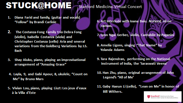 Join us Thursday for the Stuck at Home Concert featuring <a href="/StanfordMed/">Stanford Medicine</a> faculty, residents, students &amp; staff including @lynn_ngai <a href="/_artelixir/">Diana Farid MD | Writer</a> @BaiuMed <a href="/HanZhuMD/">Han Zhu</a> @vivaloup <a href="/amelia_ligons/">Amelia Ligons</a> <a href="/StanfordDeptMed/">Stanford Department of Medicine</a> <a href="/StanfordSurgery/">Stanford Surgery</a> <a href="/stanfordanes/">Stanford Anesthesiology</a> <a href="/StanfordDaily/">The Stanford Daily</a> <a href="/TaraRajendran/">𝐓𝐚𝐫𝐚 𝐑𝐚𝐣𝐞𝐧𝐝𝐫𝐚𝐧, 𝐌𝐁𝐁𝐒, Ph.D,𝐌𝐅𝐀</a> <a href="/StanfordHealth/">Stanford Health Care</a>