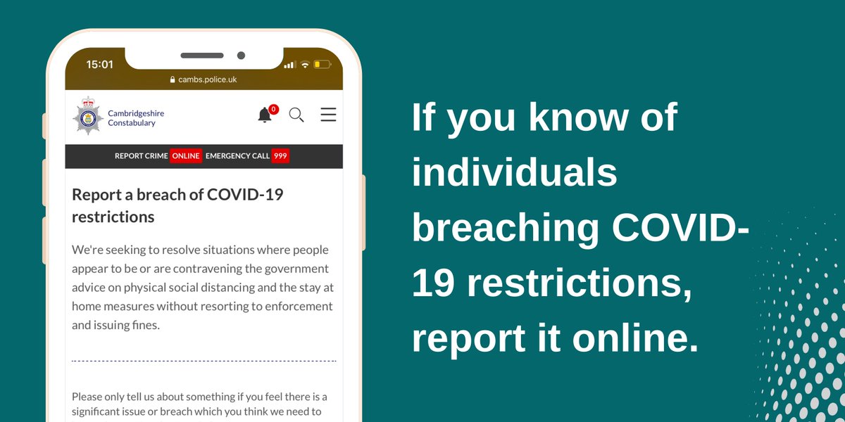 We have now developed an online form allowing you to report individuals breaching COVID-19 restrictions via our website:  https://bit.ly/2V8qPol . Please do not call 101 to report breaches. Thank you for supporting the  #StayHomeStaySafe message 