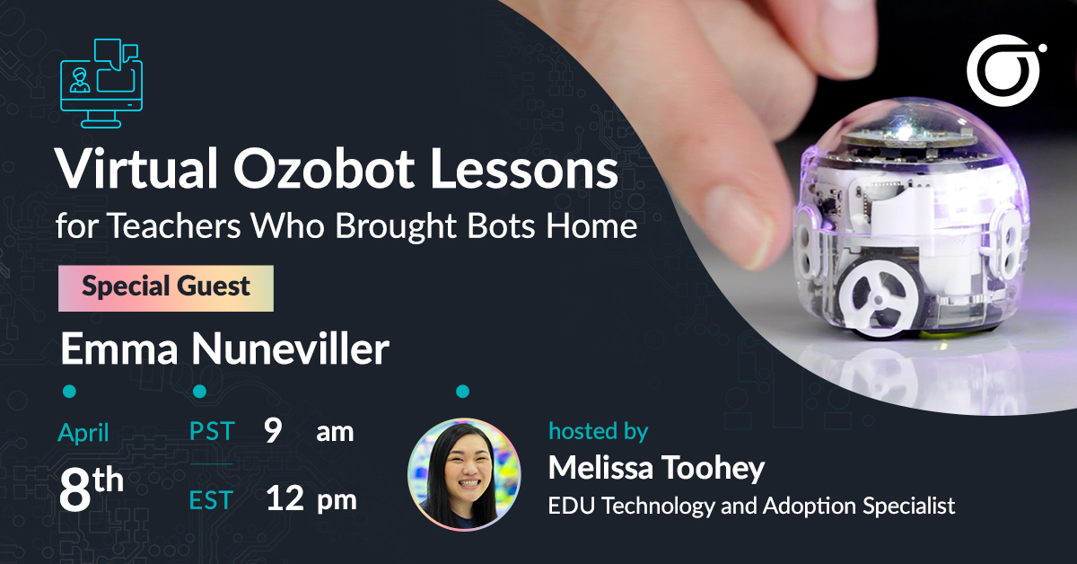 Ozobot's tweet photo. If you're an educator who has access to one or more Ozobots at home, this webinar is for you! Emma Nuneviller joins us to discuss how you can engage your students w/ Ozobot during school closures, even if they don't have their own bots at home. Register at https://t.co/3d7qOZfzXN https://t.co/kIm9wbLI91