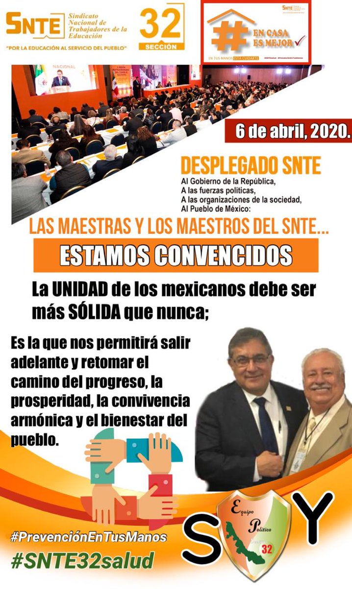 ChacoMartinezJ's tweet photo. #SNTEsalud ⚕️

🔴 Unidad ante la adversidad: México 🇲🇽 cuenta con sus maestros👩‍🏫 médicos👨‍⚕️ y sociedad🙋‍♀️ANTE el #coronavirus #COVID19 #QuedateEnCasa 

#UnoSomosTodos 👥 #TodosSomosUno 👤
#SoySnte32
#SoyEpSnte32 💪🏼
#Snte32Salud
#QuédateEnCasa 🏠
#PrevenciónEnTusManos 🖐🏻🤚🏻 https://t.co/gqRGR5JkIU