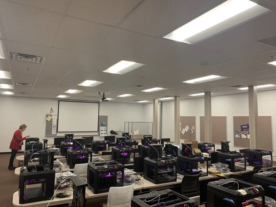 3-D printers at Buncombe County Schools making protective gear for health care workers. Taken by Jeremy Stowe, principal at Eblen Intermediate. Stowe said district should have 200 pieces done by end of the Spring Break. #avlnews #avlhealth