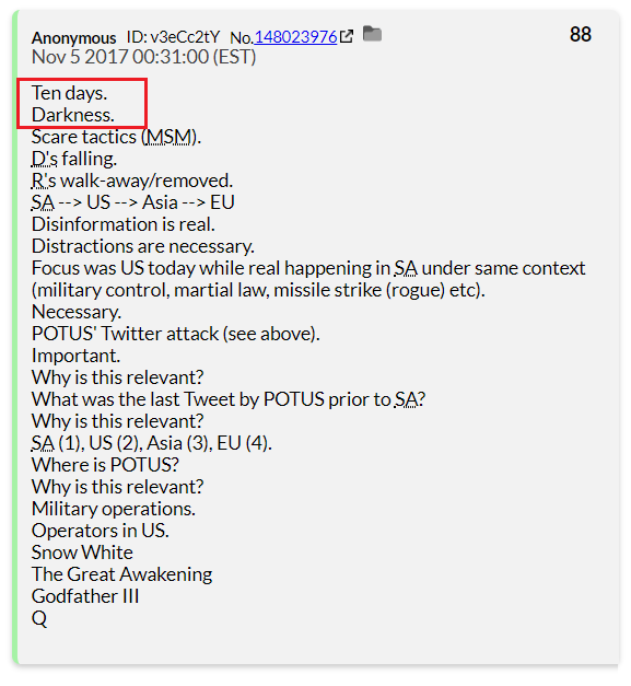 On November 5th, 2017, Q posted a message that began with Ten days. Darkness
