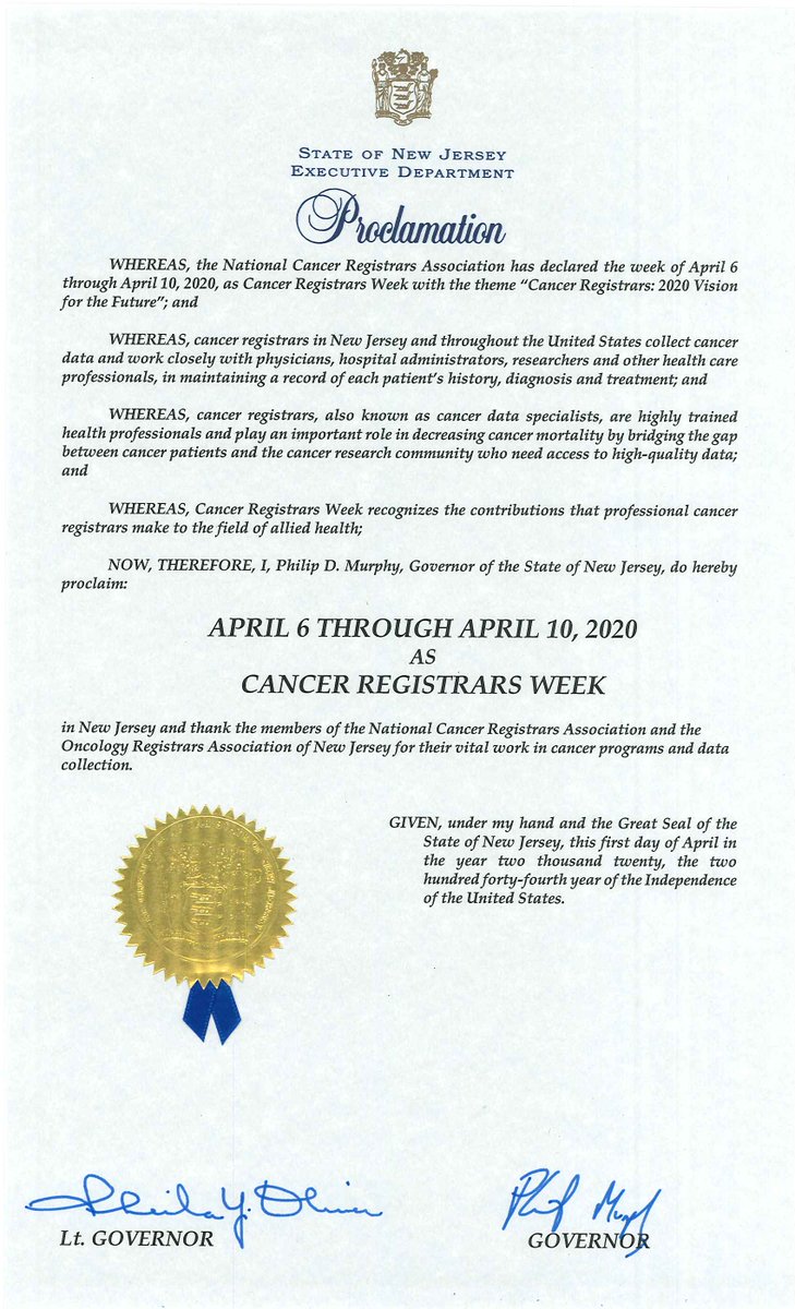 nan_cxreggeek's tweet photo. Happy Nat'l Cancer Registrars Week #NCRW all NJ cancer registrars! @ORANJonline #NJSCR Thank you @GovMurphy @NJDeptofHealth Commissioner Judith Persichilli for honoring the registrars that ensure cancer prevention &amp; control efforts are data driven @NCRAnews @NAACCR @RutgersCancer https://t.co/AdTk2g1qRi