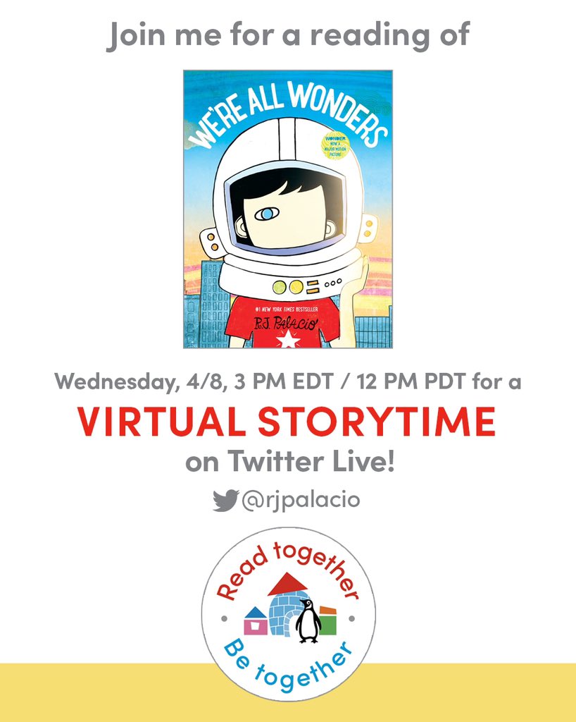 RJPalacio's tweet image. So proud to be part of this program! In addition to my #WONDERreadaloud at12pm EST tomorrow, I&apos;ll be reading We&apos;re All Wonders, in Spanish and English, at 3pm EST.