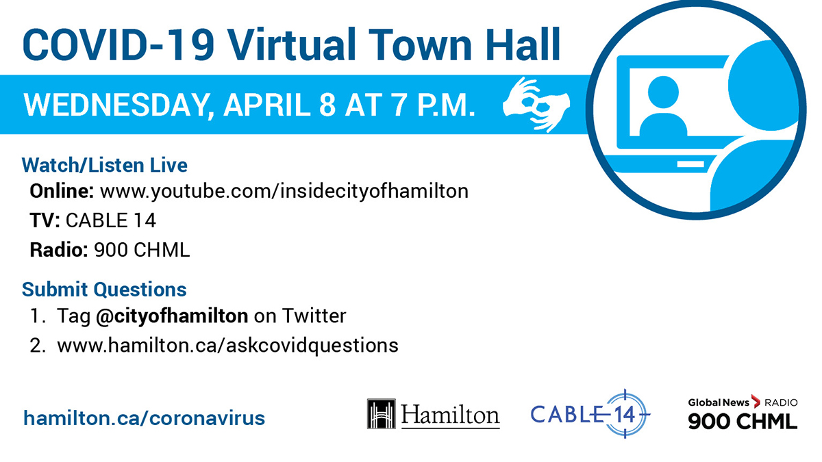 cityofhamilton's tweet photo. Wednesday at 7pm: Join us for another COVID-19 Virtual Town Hall with @HamiltonsMayor, the Office of the Medical Officer of Health and EOC Director Paul Johnson, streaming LIVE on YouTube, @cable14 and @AM900CHML. #HamOnt https://t.co/jQhlm6FU4x