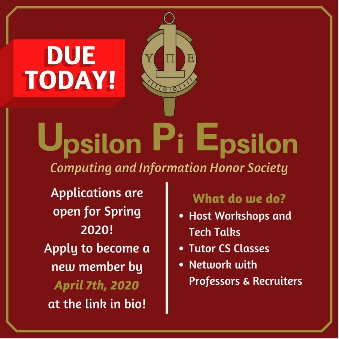 Our application deadline is TODAY, April 7th at 11:59pm EST! ⏰⏰
Apply at bit.ly/RPIUPES20 to join a group of CS students dedicated to academic excellence and supporting their community 👩‍💻👨‍💻
Make sure you read the requirements and DM us if you have any questions! 📨