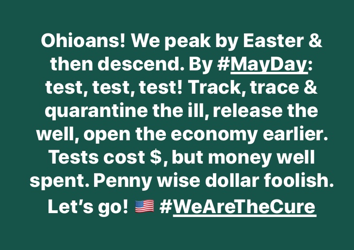 EndTax's tweet photo. @GovMikeDeWine @LtGovHusted #PeakWeek #CrushTheCurve #TestingandTracking
Mass testing now!
Disease Surveillance now!
When our counts gets low, a 2nd Chance Tigers Strategy.
Trace and quarantine the ill, release the immune then release the rest. https://t.co/zAzAfa2Ttz