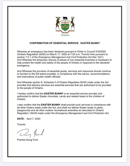 CBCAlerts's tweet photo. Ontario premier declares Easter Bunny 'essential service provider,' authorizes delivery of chocolate and other treats to children of the province. Order stipulates no delivery in parks, playgrounds or outdoor recreational facilities. https://t.co/QjSZBX7lP0