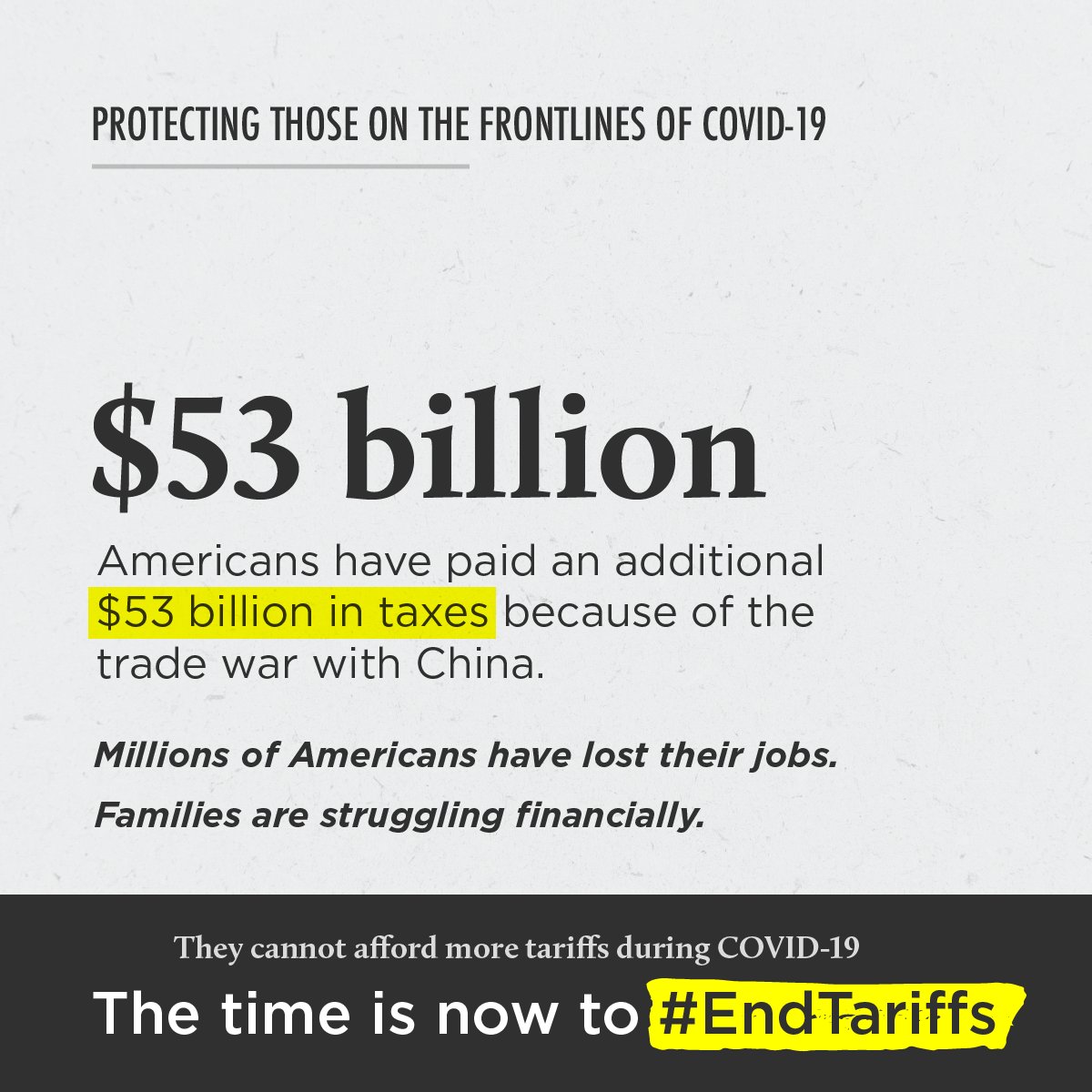 Americans4Trade's tweet image. American businesses and families cannot afford more tariffs during #COVID19. The time is now to #EndTariffs.