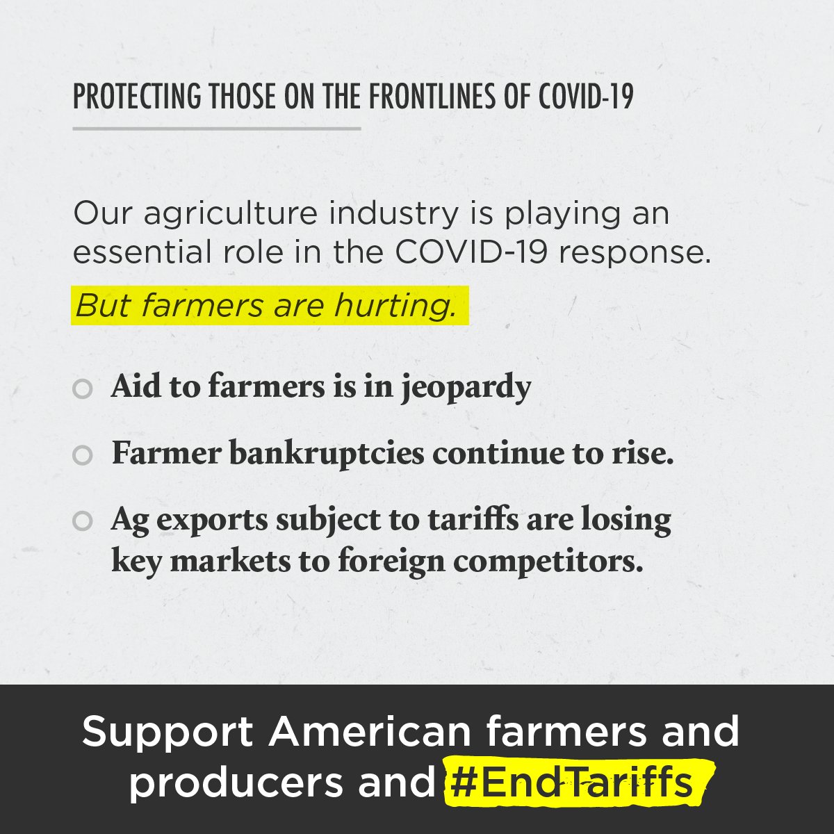 Americans4Trade's tweet image. Supporting America&apos;s farmers and producers is essential. The time is now to #EndTariffs. #COVID19