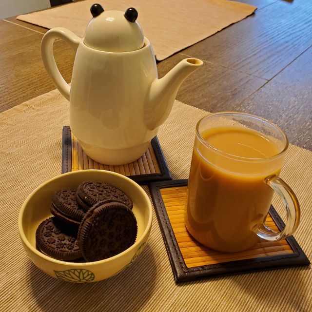 Daily tea time.Found masala chai.I literally found some unlabeled black tea in the back of my cabinet. It smells like orange pekoe (black tea common for masala chai), so I ground some cardamom, star anise, and a pinch of ginger with it. Added some milk and sugar as usual.