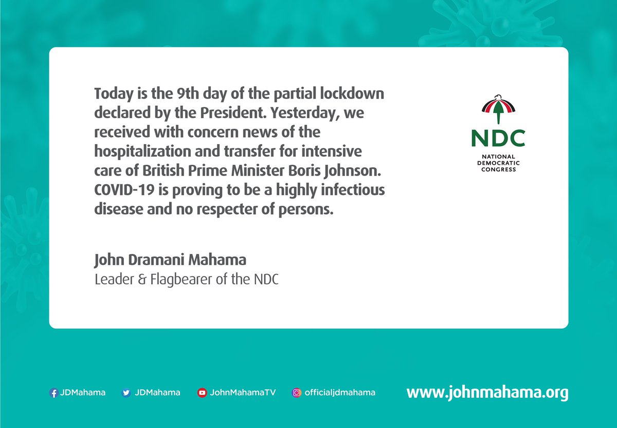 JDMahama's tweet photo. Remember that COVID-19 is no respecter of persons. Let’s continue to heed the presidential directives to #StayHome. Wash your hands frequently with soap under running water, and help #StopTheSpread. https://t.co/lr497jwYiv