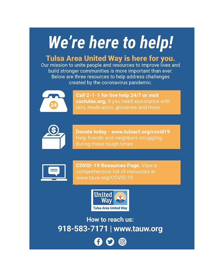 Here is a new resource flyer from our partners at <a href="/tulsaunitedway/">Tulsa Area United Way</a> if you need help related to the coronavirus pandemic. You can also check our website at buff.ly/2PvJsiK to live chat with a specialist or search our online assistance directory, or call 2-1-1 today.