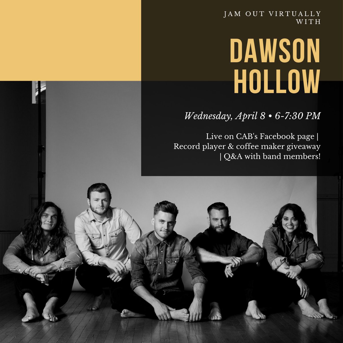 CentenaryCAB's tweet photo. Visit CAB’s Facebook page on Wed., April 8 for a live stream concert from the Indie Folk band, Dawson Hollow! 🎧 #centenarycab https://t.co/R4bmAjB2as