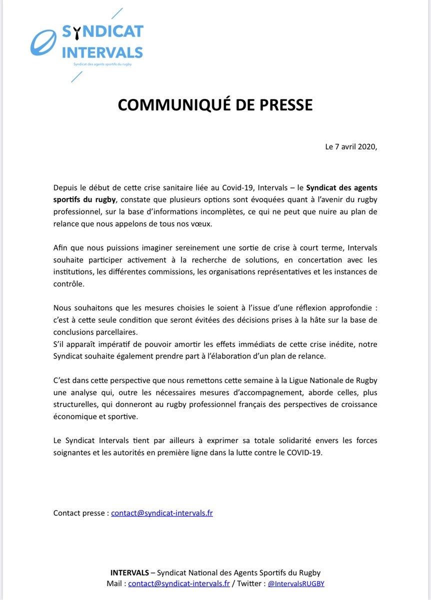 Face à la crise du #covid19 qui impacte durement le rugby français, INTERVALS au soutien des principaux acteurs du rugby professionnel #CP disponible ici: bit.ly/CPINTERVALS070… #rugby