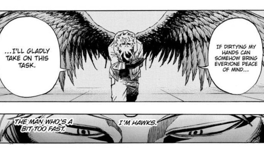 Having Dabi burn Hawks' wings.SYMBOLISM cuzIf Dabi is an image of what Hawks could be outside his cage. That's his past burning Hawks' wings, keeping him from being the puppet of the HC and making him face what he gave up.