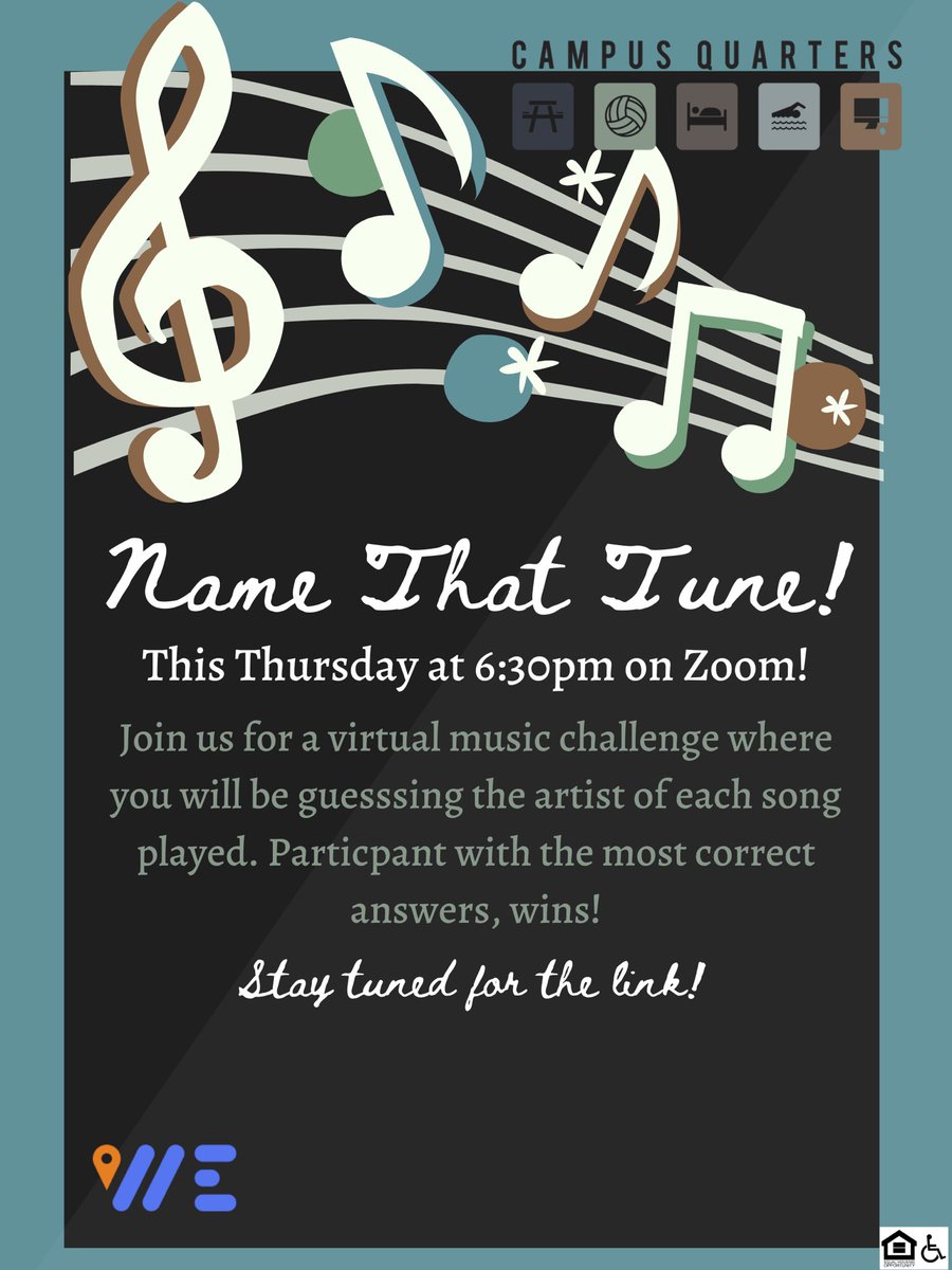 Campus Quarters Presents: Name That Tune!! 🎶 🎼 Join us this Thursday at 6:30pm on ZOOM! 🥳 Do you think you know music? Here is your chance to win a FREE $25 Visa Gift Card. 💰 Come out and enjoy this resident event. Keep an eye out for the link to join! 👍 #WeAreSouth