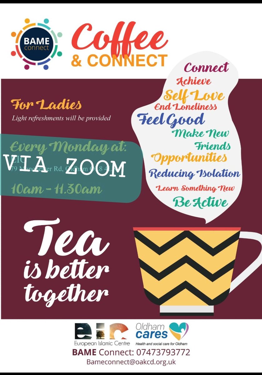 BameConnect's tweet photo. WERNETH HUB Coffee & Connect. What a lovely Zoom session. We exchanged favourite family recipes and had a much needed catch up. Tea is definitely better together β@RachelDyson84 @oldhamcares @NatWellbeingWSA #TheShowsMustGoOn #thiscounts #stayconnectedstaysafe https://t.co/qd967ei6oJ