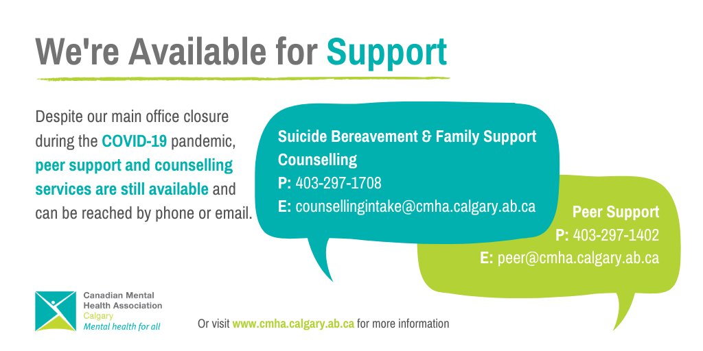 CMHACalgary's tweet photo. Don't forget, despite our main office being closed, you can still access some of our services via telephone or email! Or visit our website for more #COVID19 updates. https://t.co/3Ps9ywqdYM https://t.co/EOdu1hop0i