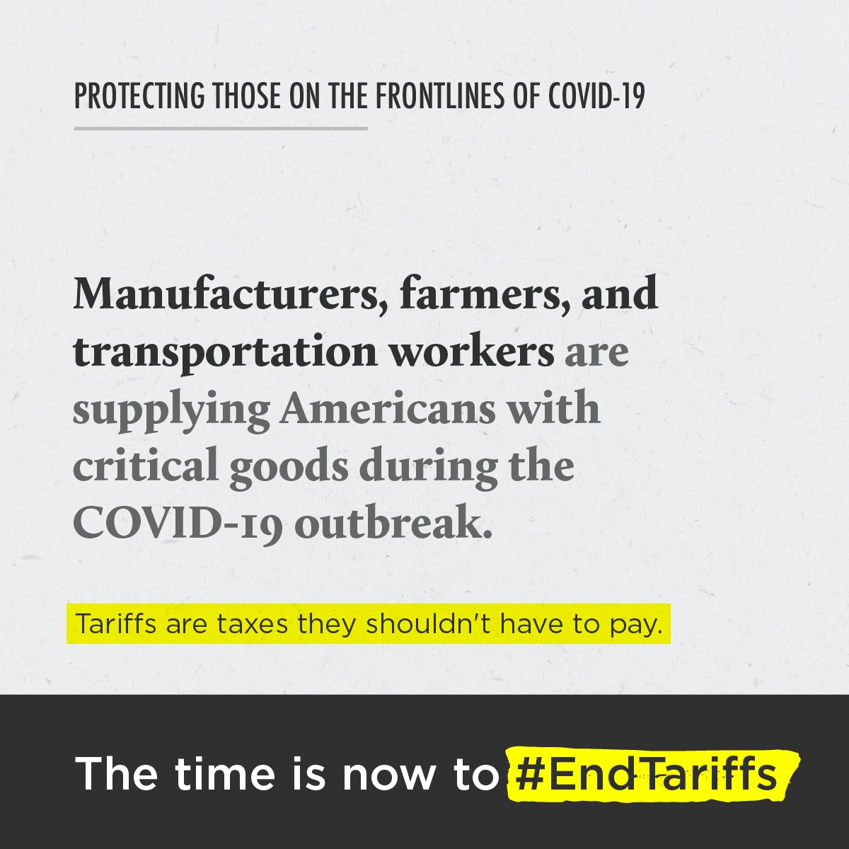 Americans4Trade's tweet image. Tariffs are taxes that hardworking manufacturers, farmers, and transportation workers cannot afford right now during the #COVID19 pandemic. The time is now to #EndTariffs.