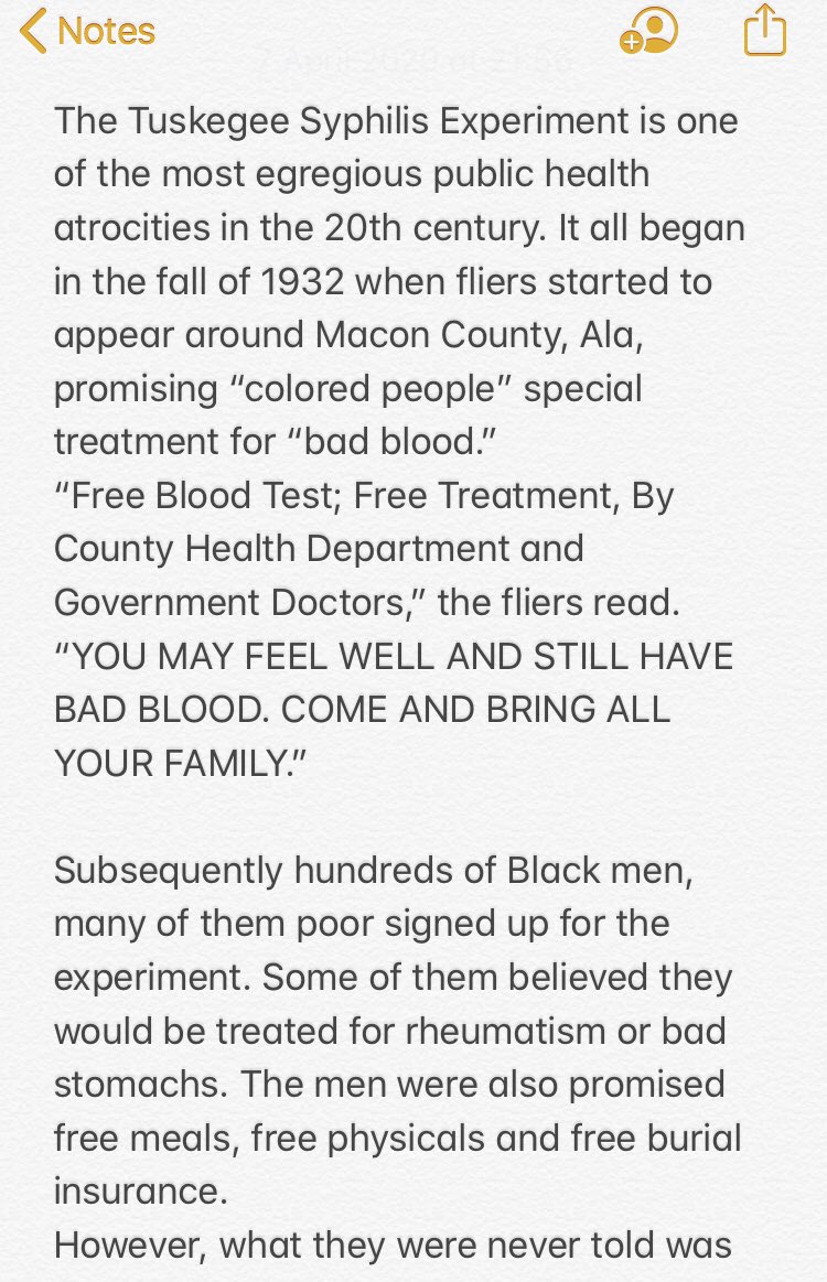 The Tuskegee syphilis experiment: it began in 1932. In the syphilis study, doctors were trying to find out more about syphilis test subjects (impoverished African American men), and didn't treat them for syphilis even after they knew penicillin could cure the infection.