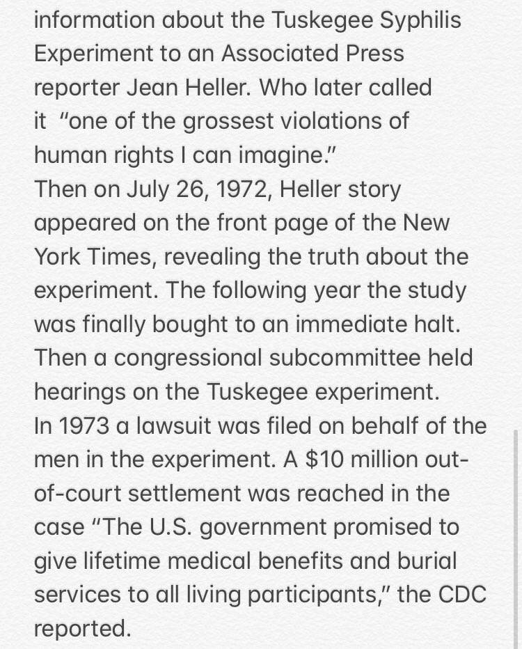 The Tuskegee syphilis experiment: it began in 1932. In the syphilis study, doctors were trying to find out more about syphilis test subjects (impoverished African American men), and didn't treat them for syphilis even after they knew penicillin could cure the infection.