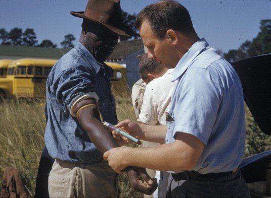 The Tuskegee syphilis experiment: it began in 1932. In the syphilis study, doctors were trying to find out more about syphilis test subjects (impoverished African American men), and didn't treat them for syphilis even after they knew penicillin could cure the infection.