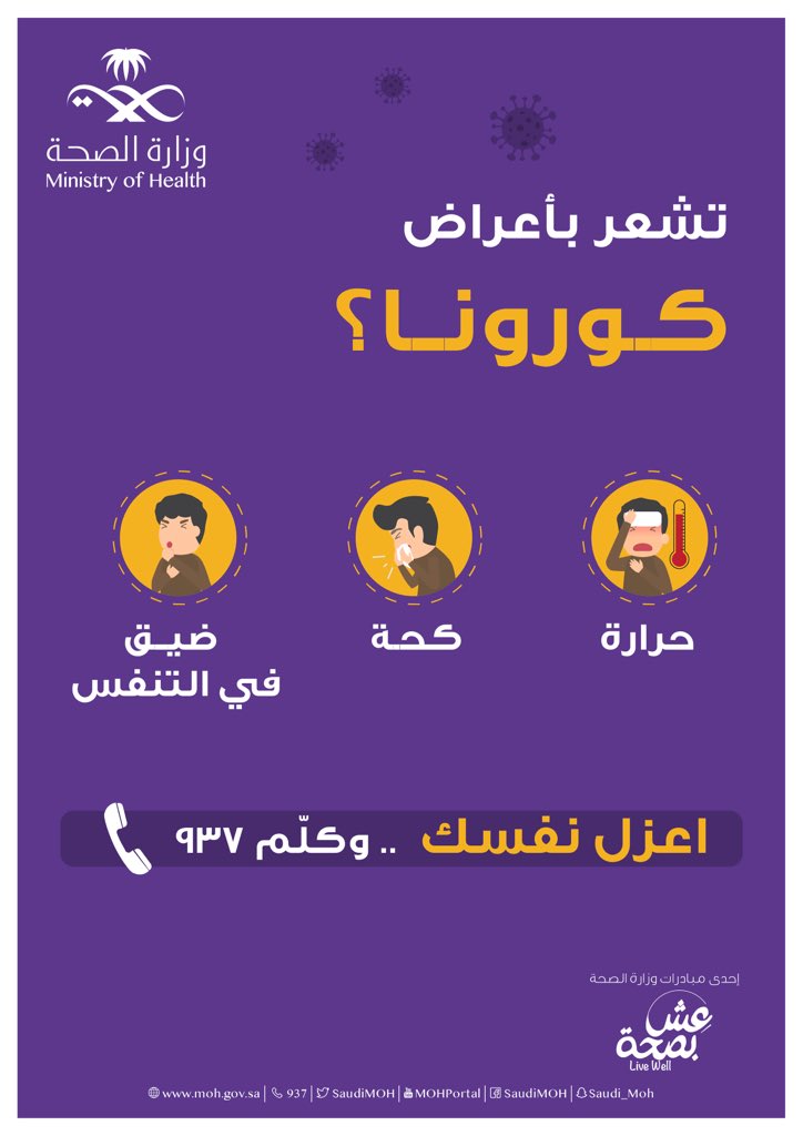 التصرف الصحيح عند الشعور بأعراض فيروس #كورونا الجديد، اعزل نفسك وكلم الصحة ٩٣٧ 
#كلنا_مسؤول